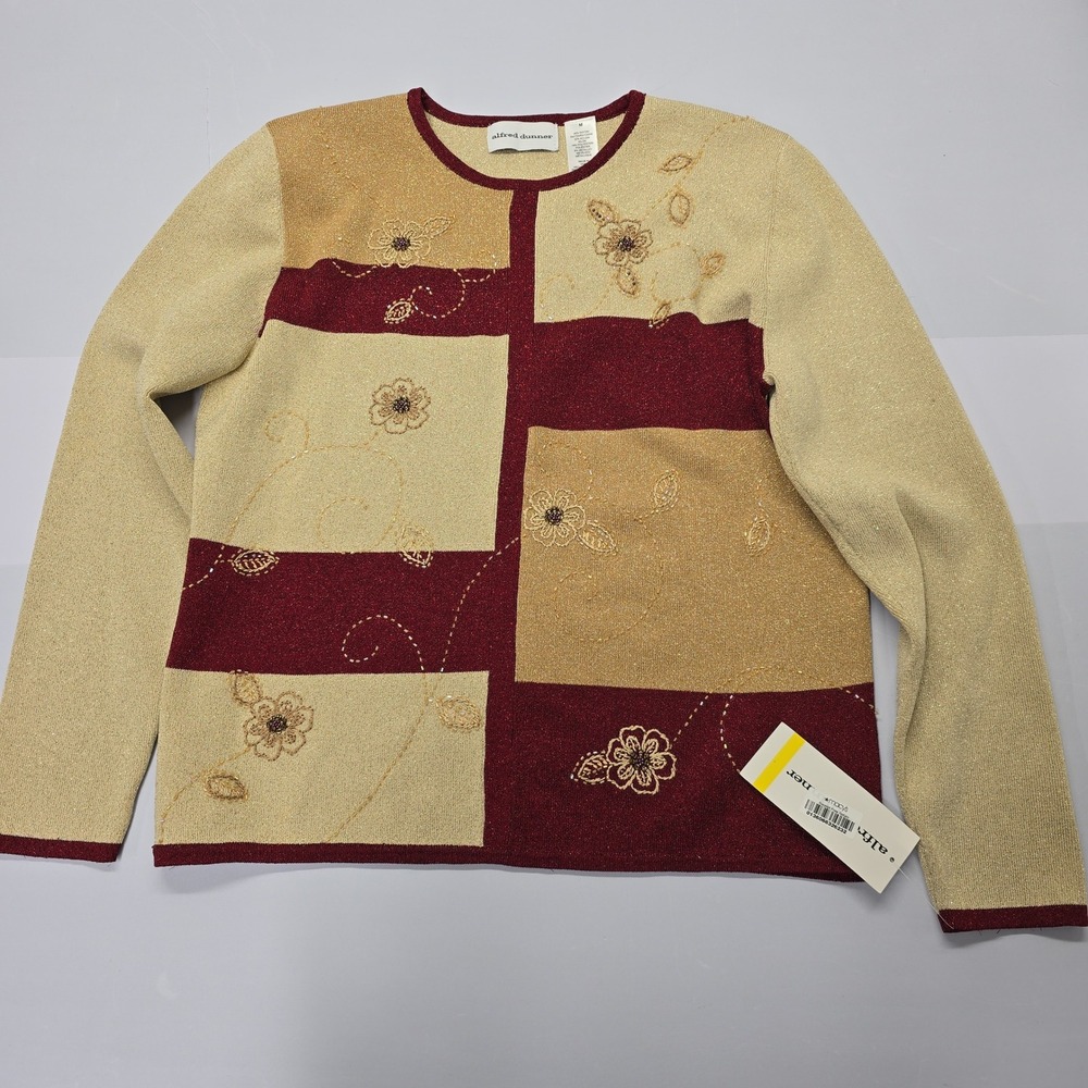 Alfred Dunner Gold Rush Metallic Beaded Floral Sweater Medium Red Gold 60563 NEW - Picture 1 of 4
